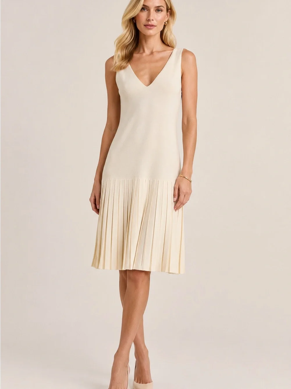 Ralph Lauren Collection Purple Label Italy Cream Pleated Drop Waist Knit Dress M